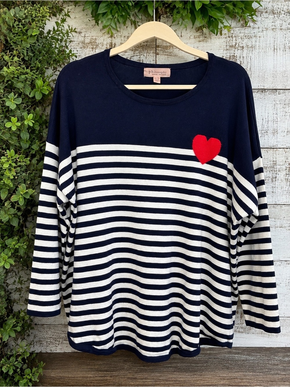 Philosophy Woman 2X Navy Striped Red Heart Sweater Plus Size Rayon Knit